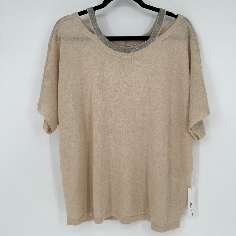 NEW Chico's 2 Pullover Knit Sweater Top Caviar Silver Beaded Neckline Boxy Chic